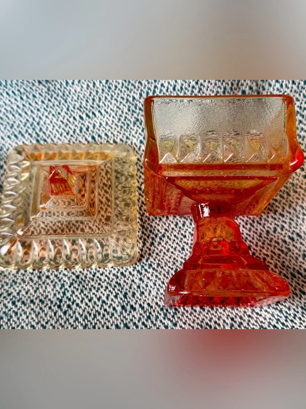 Vintage Amberina Glass Covered Pedestal Candy Dish Trinket Box Lidded Compote